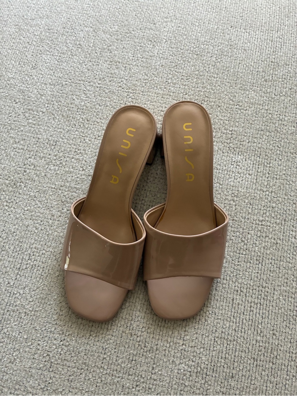 Unisa Patent Slide Mules in Blush Tan